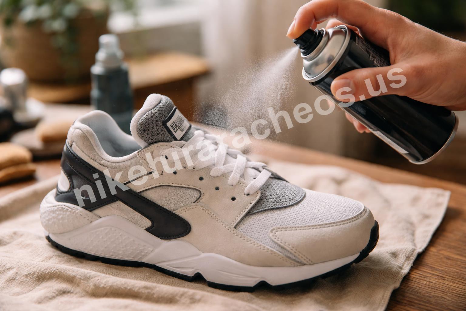 Applying protective spray to nike sneakers