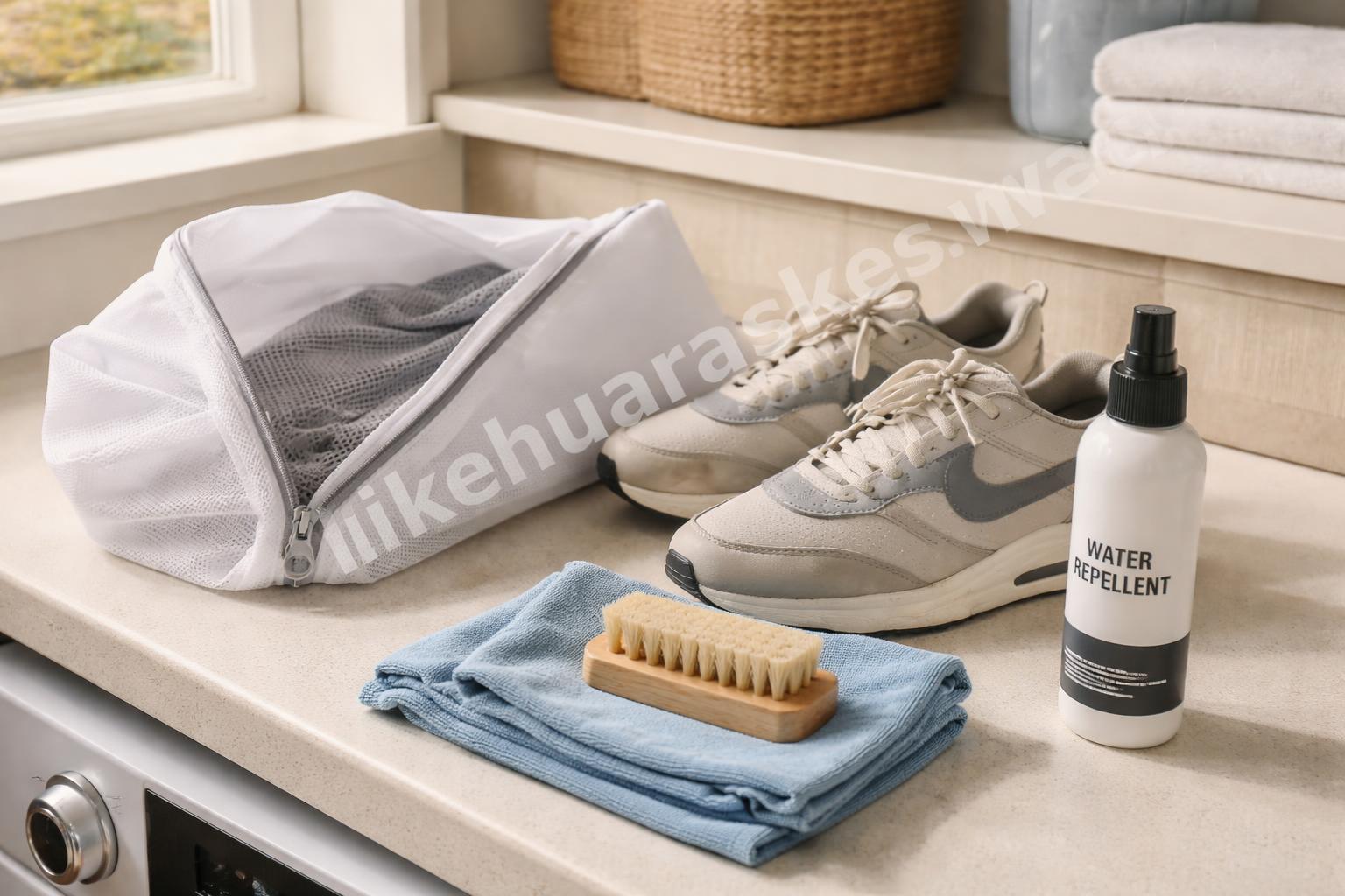 Nike shoe cleaning setup with laundry bag