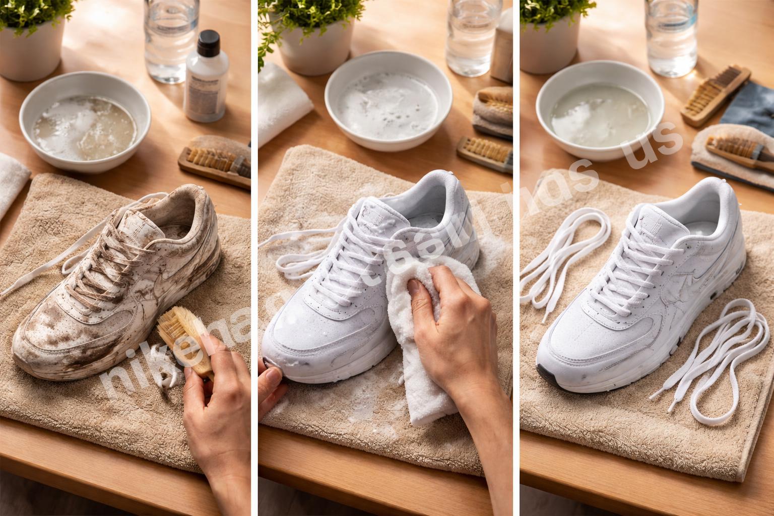 Nike shoe cleaning step by step flatlay