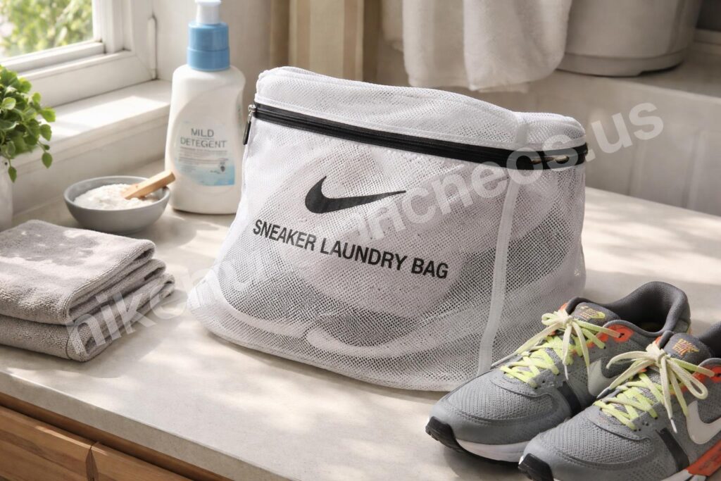 Nike sneaker laundry bag flat lay