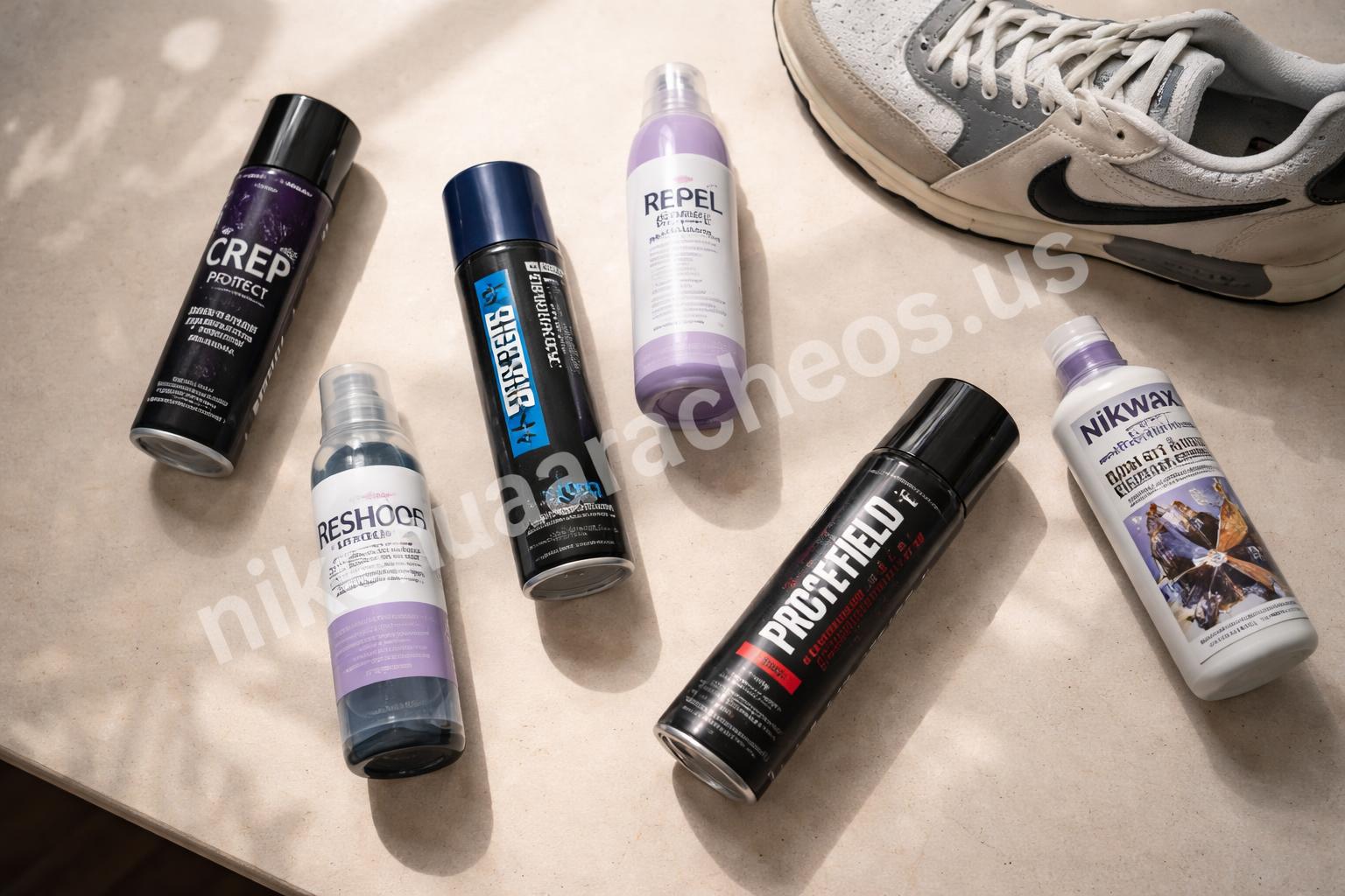 Shoe protection spray bottles on table